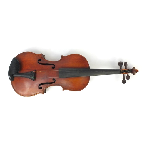 541 - Old wooden violin with one-piece back and scrolled neck, possibly retailed by Hills, 58cm long