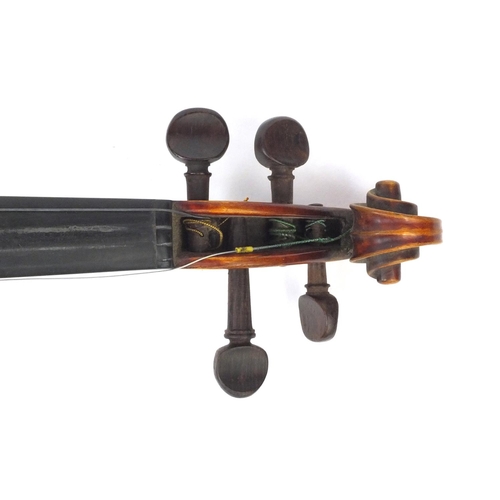 541 - Old wooden violin with one-piece back and scrolled neck, possibly retailed by Hills, 58cm long