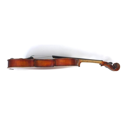 541 - Old wooden violin with one-piece back and scrolled neck, possibly retailed by Hills, 58cm long