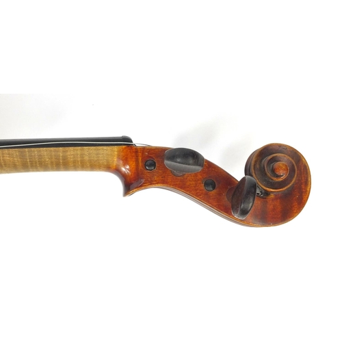 541 - Old wooden violin with one-piece back and scrolled neck, possibly retailed by Hills, 58cm long