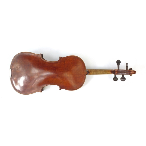 541 - Old wooden violin with one-piece back and scrolled neck, possibly retailed by Hills, 58cm long