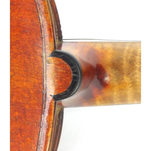 541 - Old wooden violin with one-piece back and scrolled neck, possibly retailed by Hills, 58cm long