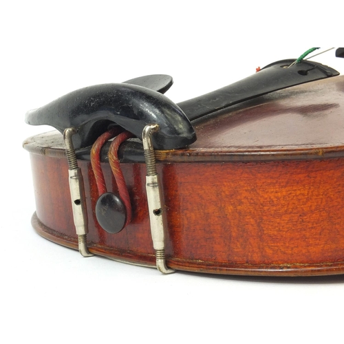 541 - Old wooden violin with one-piece back and scrolled neck, possibly retailed by Hills, 58cm long