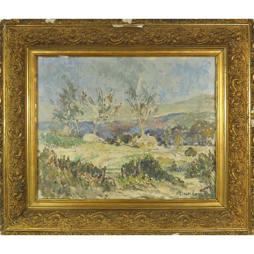 2054 - Oil onto board study of an impressionistic landscape scene, bearing a signature Dunlop, ornately gil... 