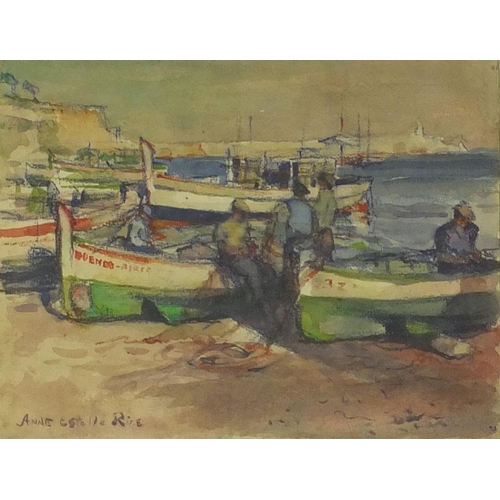 2058 - Watercolour onto card study of fishermen in a harbour, bearing a signature Anne Estelle Rice, inscri... 