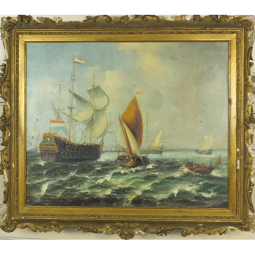 2117 - Oil onto board study of a fleet of ships, ornately gilt framed, 51cm x43cm excluding the frame