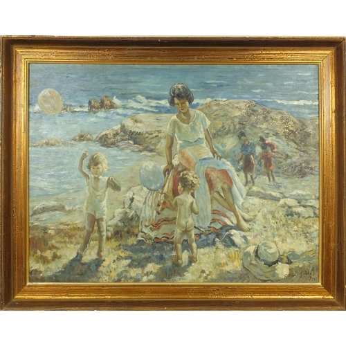 2083 - British impressionist oil onto board study of figures on the beach, bearing an indistinct signature,... 