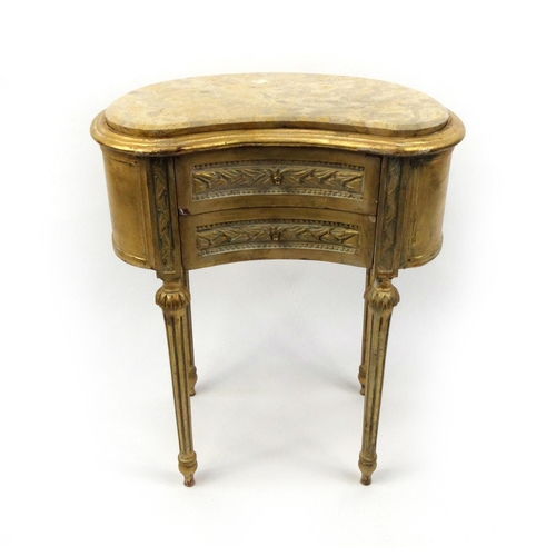 2003 - Gilt wood kidney shaped night stand with marble top and two drawers, 68cm high