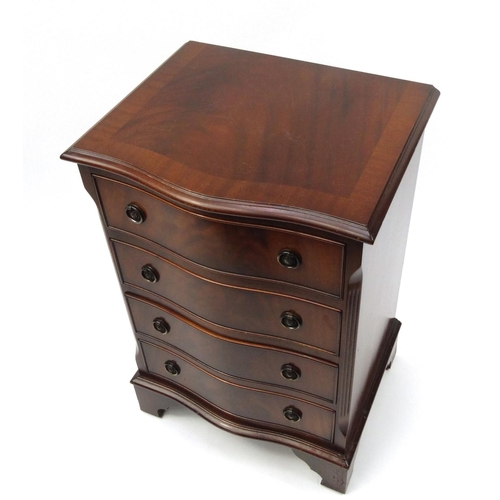2022 - Reproduction mahogany serpentine fronted four drawer chest, 72cm high x 50cm wide x 40cm deep