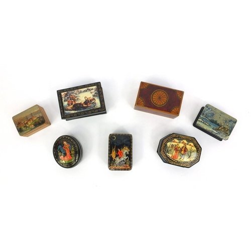 2077 - Collection of mostly lacquer boxes some with hinged lids, one decorated with a mythical creature an ... 