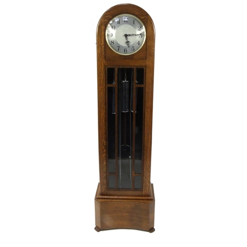 2019 - Art Deco oak Grandmother clock with three train movement, 187cm high