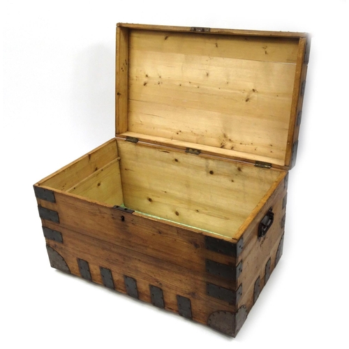 2032 - Metal bound pine sea chest with hinged lid, 49cm high x 81cm wide x 48cm deep
