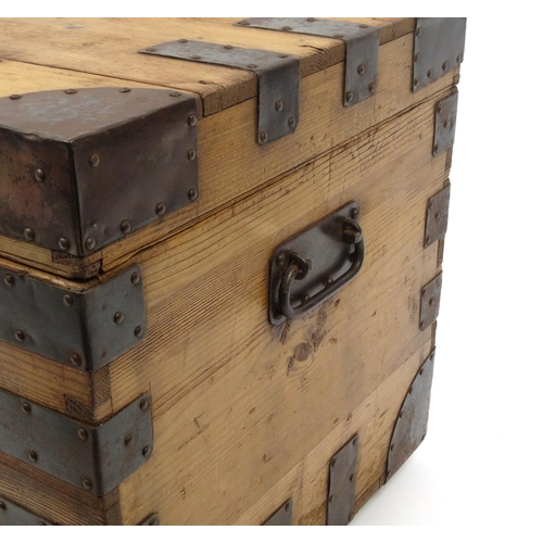 2032 - Metal bound pine sea chest with hinged lid, 49cm high x 81cm wide x 48cm deep