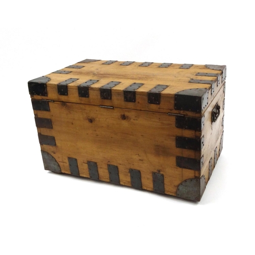 2032 - Metal bound pine sea chest with hinged lid, 49cm high x 81cm wide x 48cm deep