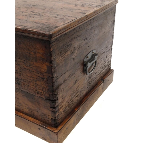 2038 - Stained pine blanket box with hinged lid, 44cm high x 118cm wide x 53cm deep