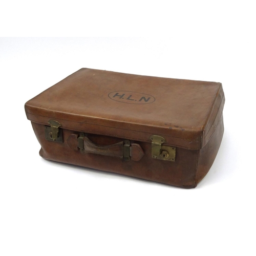 2051 - Vintage leather travelling trunk, the lid with H.L.N initials, 44cm high x 69cm wide x 24cm deep