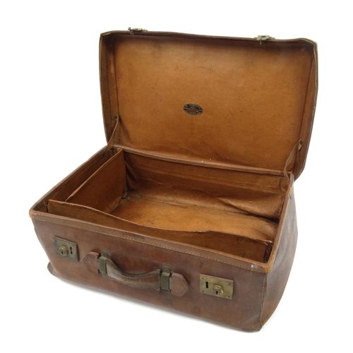 2051 - Vintage leather travelling trunk, the lid with H.L.N initials, 44cm high x 69cm wide x 24cm deep