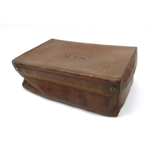 2051 - Vintage leather travelling trunk, the lid with H.L.N initials, 44cm high x 69cm wide x 24cm deep