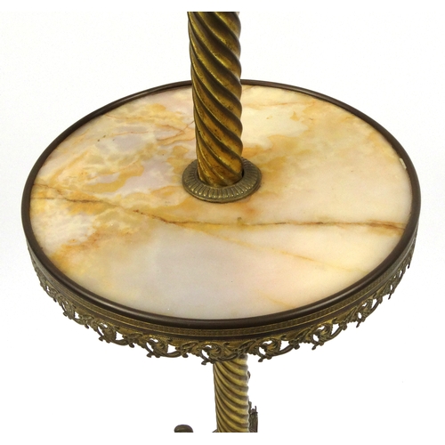 2029 - Brass telescopic standard lamp with circular onyx shelf, 173cm high when not extended