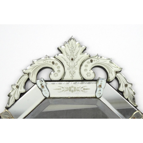 2005 - Venetian style bevelled edge mirror, the top section with etched floral panels, 98cm high
