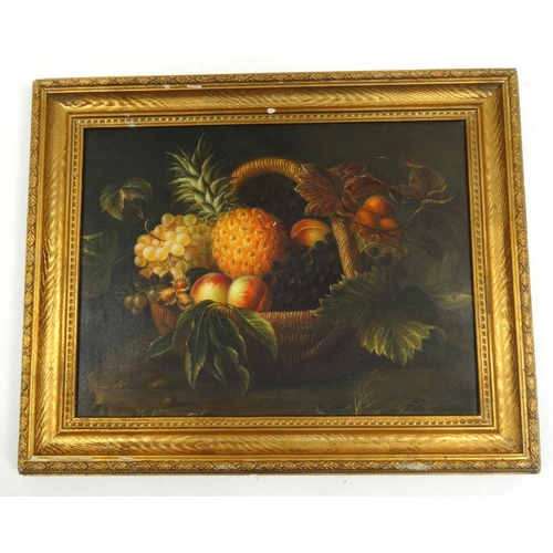 19 - Oil onto board study of still life fruit in a basket, gilt framed, 48cm x 37cm excluding the frame