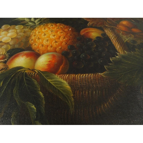 19 - Oil onto board study of still life fruit in a basket, gilt framed, 48cm x 37cm excluding the frame