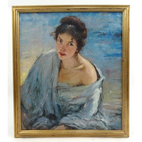 16 - Russian school oil onto board study of a female, bearing an indistinct signature gilt framed, 60cm x... 