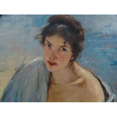 16 - Russian school oil onto board study of a female, bearing an indistinct signature gilt framed, 60cm x... 