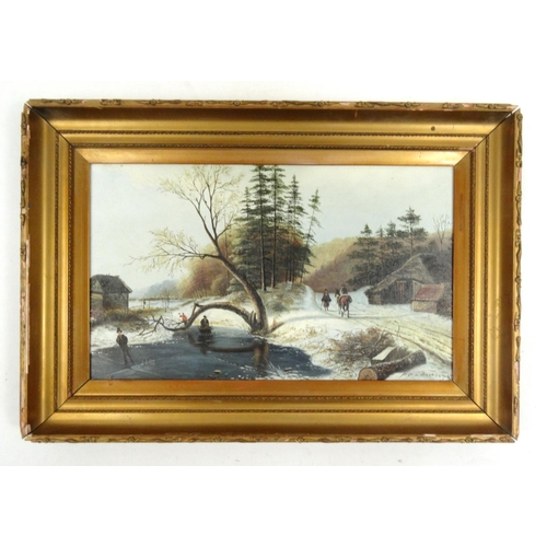 17 - Canadian oil onto board study of figures in a snowy scene, bearing a signature P V Beck dated '82, g... 