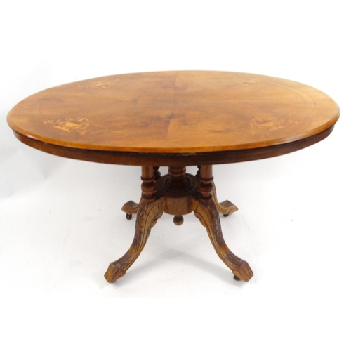 3 - Victorian walnut oval tilt top table with marquetry and line inlay and quarter veneer top, 68cm high... 