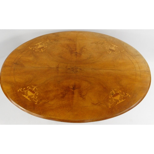 3 - Victorian walnut oval tilt top table with marquetry and line inlay and quarter veneer top, 68cm high... 