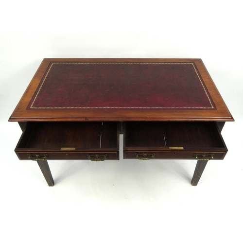 2009 - Edwardian walnut writing table with tooled leather top above two drawers, raised on tapering legs, 7... 