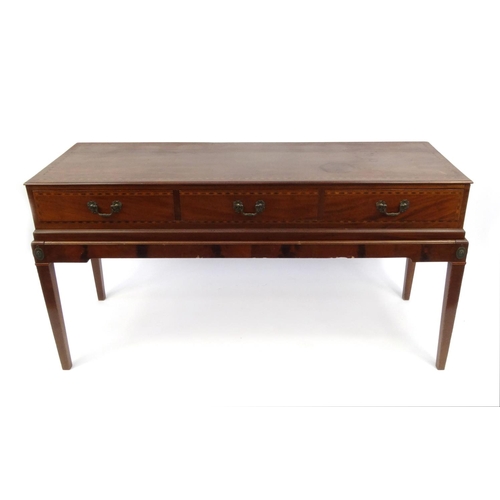 2040 - Victorian inlaid mahogany hall table fitted with three drawers, raised on tapering legs, 84cm high x... 