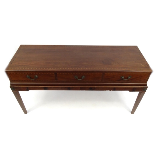 2040 - Victorian inlaid mahogany hall table fitted with three drawers, raised on tapering legs, 84cm high x... 