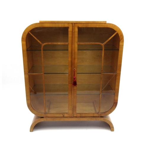 2008 - Art Deco walnut china cabinet fitted with three glass shelves, 119cm high x 96cm wide x 30cm deep