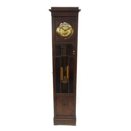 2042 - 1930's oak long case clock with brass dial and Arabic numerals, 224cm high