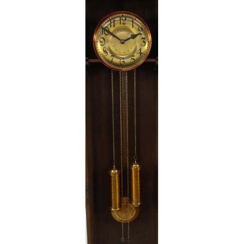 2042 - 1930's oak long case clock with brass dial and Arabic numerals, 224cm high