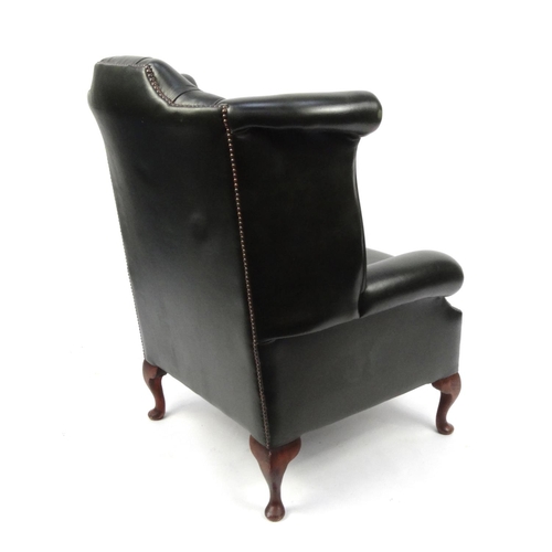 2012 - Queen Anne style wingback armchair with green button back upholstery, 110cm high