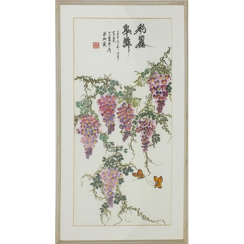 2079 - Chinese watercolour study of butterflies and flowers, character marks, mounted and framed, 96cm x 46... 