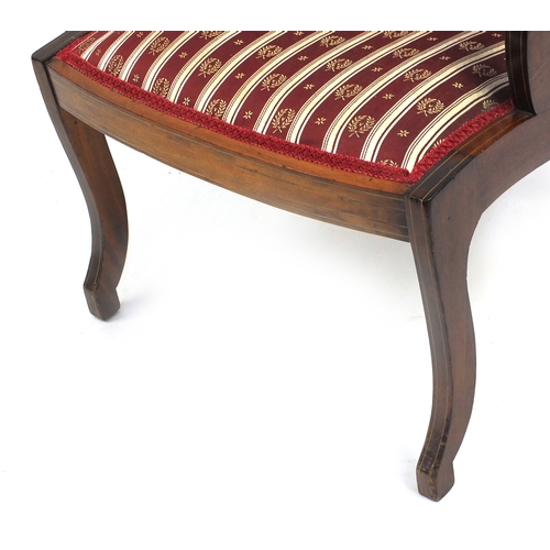 2018 - Edwardian inlaid mahogany open arm chair with striped upholstery, 85cm high