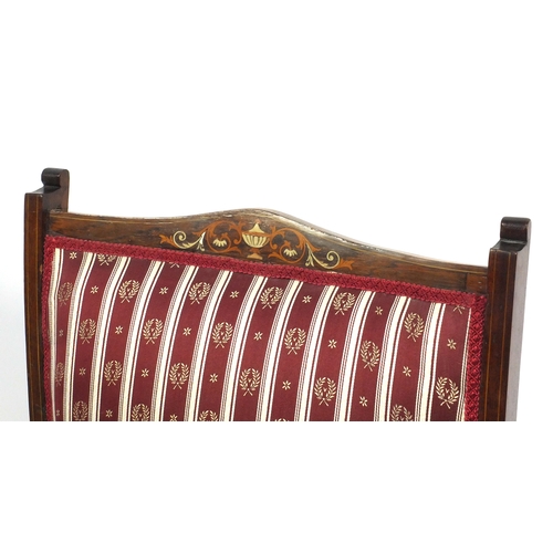 2018 - Edwardian inlaid mahogany open arm chair with striped upholstery, 85cm high