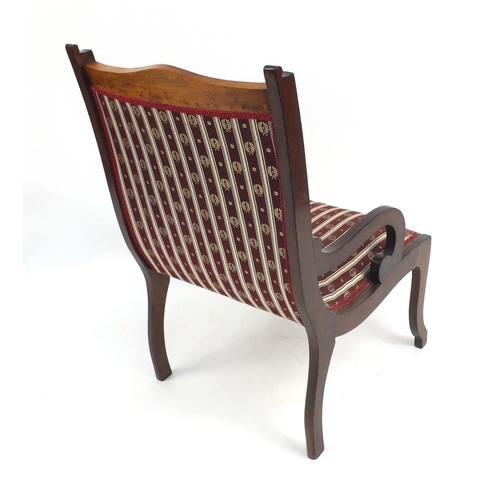 2018 - Edwardian inlaid mahogany open arm chair with striped upholstery, 85cm high