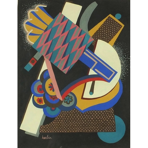 2059 - Gouache abstract composition of geometric shapes, bearing a signature Herlin, mounted and ornately g... 