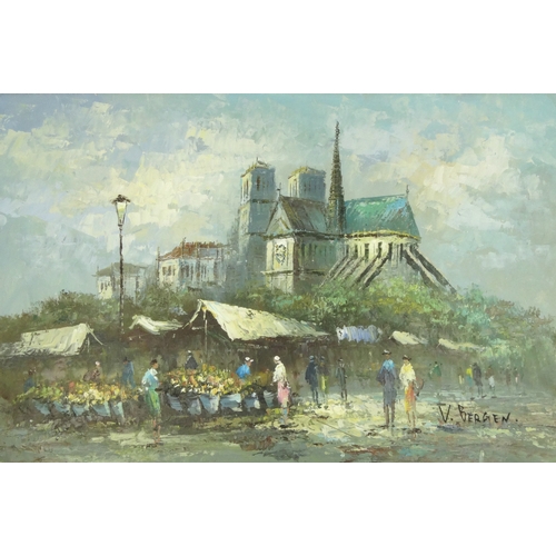 2053 - V.Bergen - Oil on canvas study of a continental market before a cathedral, gilt framed, 90cm x 60cm ... 