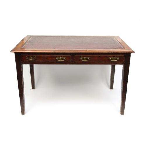 2009 - Edwardian walnut writing table with tooled leather top above two drawers, raised on tapering legs, 7... 