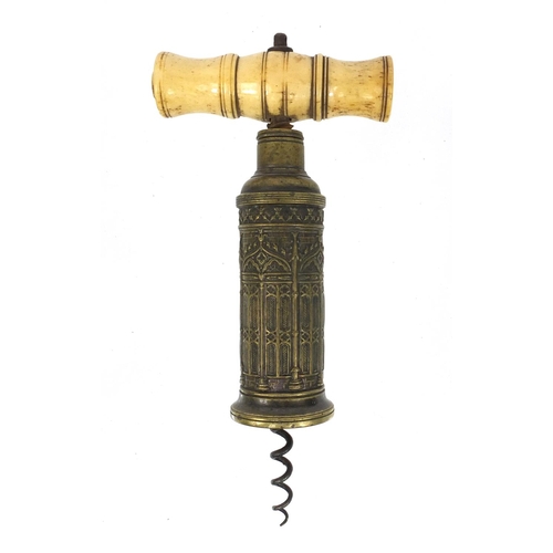 3 - 19th century Thomason Gothic barrel corkscrew with bone handle top, 19cm high when closed