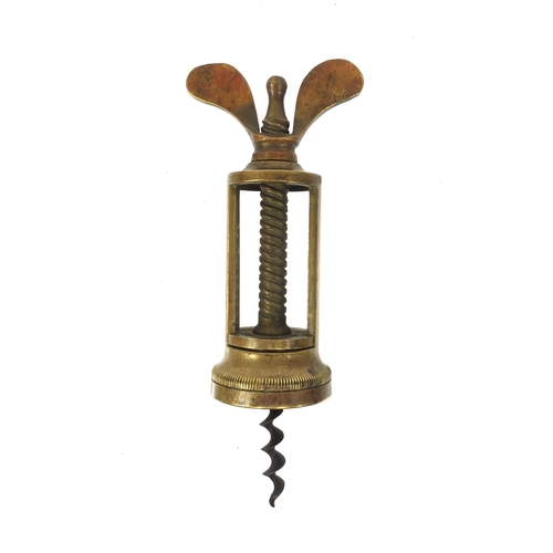 24 - Brass two pillar corkscrew, 15cm high when closed