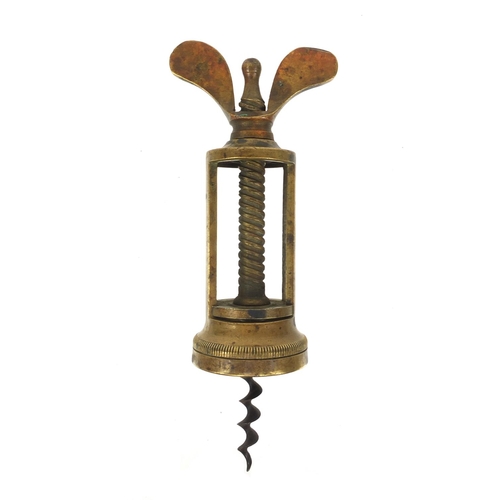 24 - Brass two pillar corkscrew, 15cm high when closed