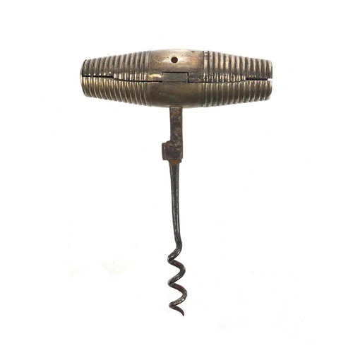 67 - 19th Century silver travelling barrel corkscrew, stamped SB, 6cm high when closed