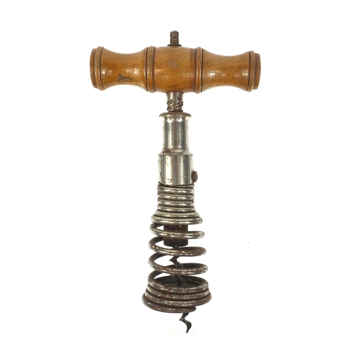 45 - Spring barrel corkscrew with wooden handle, 17cm when closed